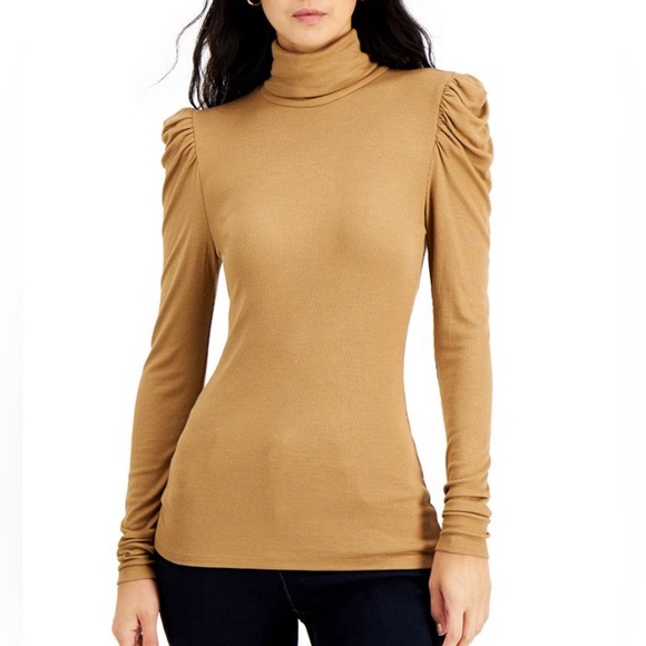 INC International Concepts Women's Puff-Sleeve Turtleneck Top Brown Size Small - Picture 2 of 7